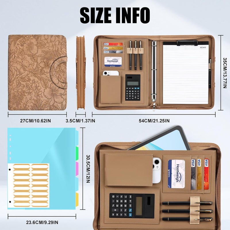 NATISERAUM Portfolio Binder - 3 Ring Binder with Handle, Vegan Leather Business Padfolio Folder with Notepad, Includes 5 Dividers with 10 Pockets for Documents Files - Image 4